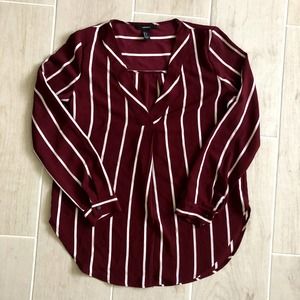 Forever 21 Sz S Long Sleeve Blouse Burgondy w White Stripes